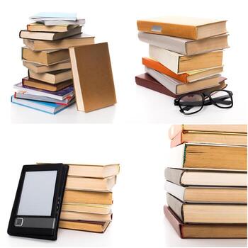 Stacked books and e-reader display different reading formats on a white background photo