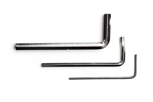 Set of three metal hex keys arranged in order of size on a white background photo