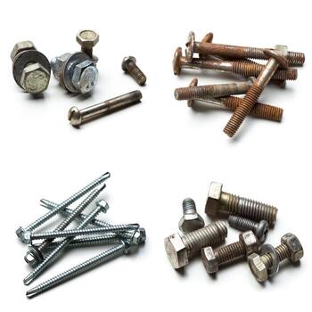 Collection of various types of screws, bolts, and nuts arranged in different patterns photo