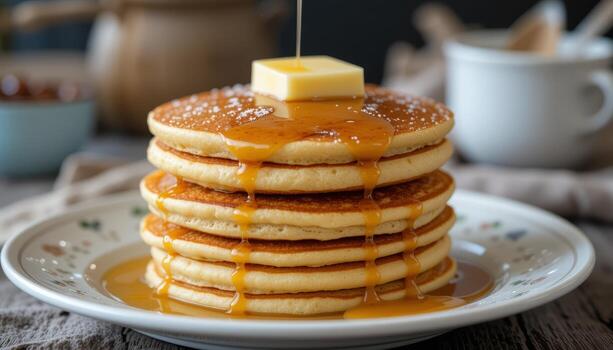 A stack of fluffy pancakes topped with a pat of butter and drizzled with syrup. The plate is decorated with floral patterns, set on a wooden table. photo