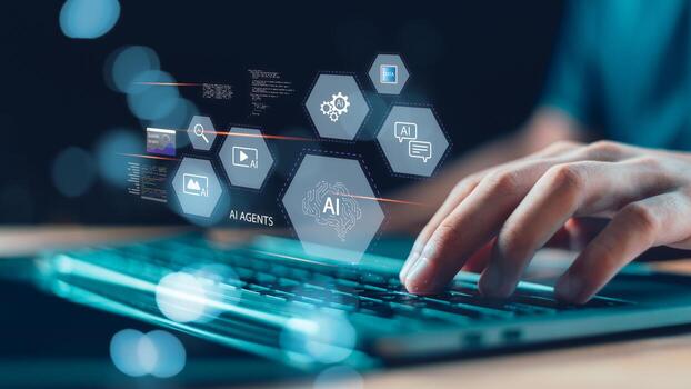 illustrating artificial intelligence agents, machine learning, big data, digital automation in a modern tech concept ,next-gen business solutions ,data analysis ,AI-driven automation , innovative photo