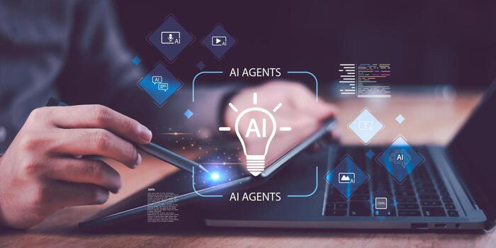 Hand using stylus on tablet with AI agents icons including text, voice, image, , data, and code, symbolizing artificial intelligence, automation, innovation, and digital transformation. photo