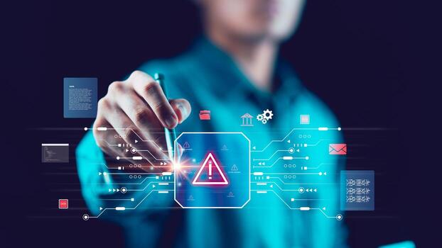 Illustration emphasizing cybersecurity risks, digital system vulnerabilities, and data breach prevention strategies. Perfect for topics on network protection, risk analysis, cyber threat awareness. photo