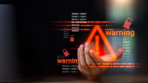 Digital warning sign concept with glowing red alert icons, binary code, and abstract lock symbols representing cybersecurity, online safety, and system protection awareness. photo