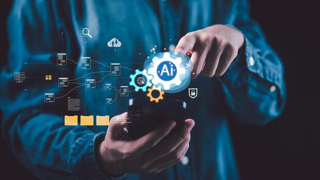 Artificial intelligence design showing innovation, big data, cloud computing, chatbot, and neural network. Businessman using mobile app for smart automation and futuristic digital solutions. photo