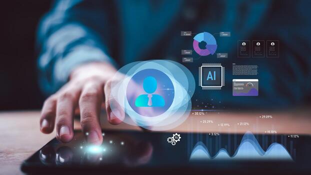 AI-powered recruitment system with digital HR tools for employee profile analysis, performance evaluation, smart hiring decisions, talent management workflows optimized for professional job selection photo