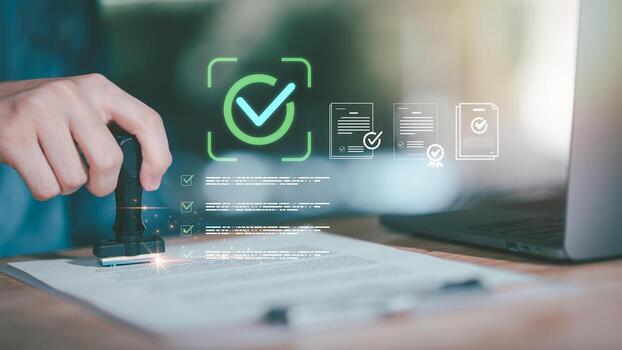 Business concept of certified document approval with audit control, checklist confirmation, signature verification, performance validation representing trusted, authorized, secure compliance processes photo