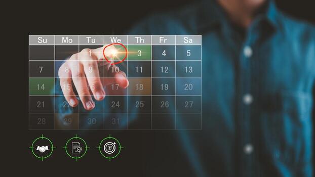 Businessman hand pointing on digital calendar interface to select appointment, schedule meeting, set deadline, and organize project management for corporate planning and productivity workflow. photo