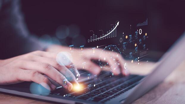 Futuristic HR technology concept with AI-driven data, recruitment analytics, digital workforce solutions, employee performance management, highlighting innovation in human resources transformation. photo