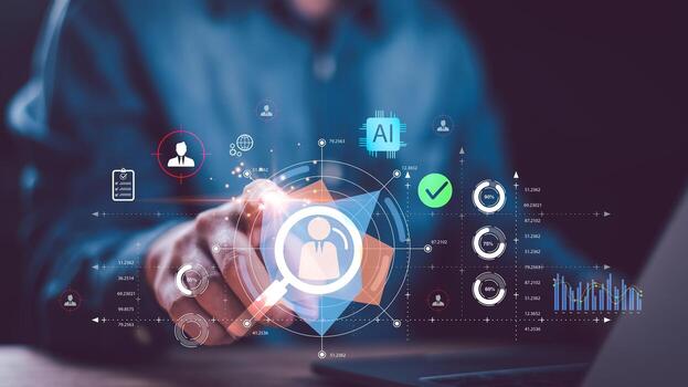 AI recruitment concept with digital candidate screening, employee evaluation, data analytics, and smart HR technology, showing workforce selection, hiring process, performance assessment photo