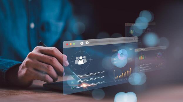 Digital HR analytics dashboard with recruitment interface, employee evaluation, and workforce management system, showing data visualization, checklist, performance metrics for business transformation photo