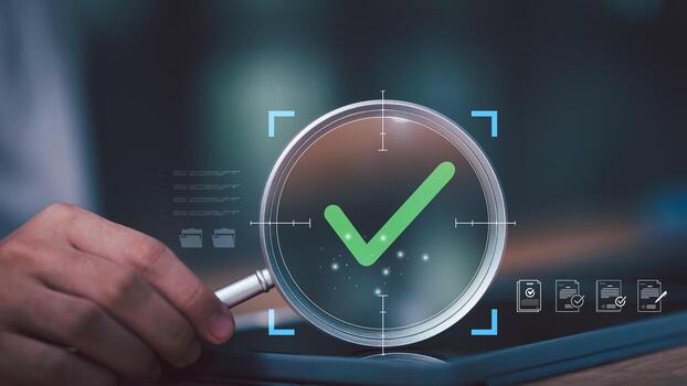 Digital compliance check with magnifying glass icon representing regulation validation, contract approval, policy governance, corporate transparency, legal documentation, and secure audit workflow. photo