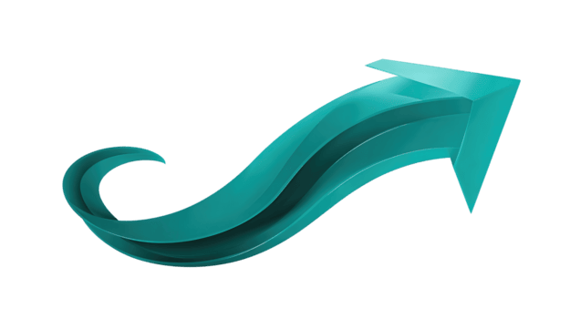 Teal arrow symbol with smooth S-curve rising bottom-left to top-right, beveled and glossy, isolated on transparent background. png