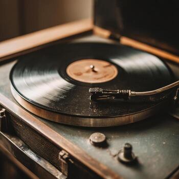 Vintage record player with vinyl spinning in soft light photo