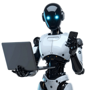An Artificially Intelligent Robot Engaged in Digital Tasks, Utilizing a Laptop and a Smartphone png
