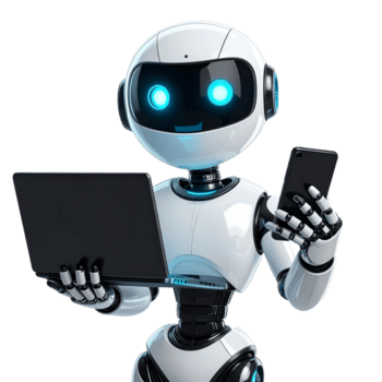 Avancerad humanoid robot göra flera saker samtidigt med en bärbar dator och smartphone, visa upp framtida ai teknologi och digital kommunikation png