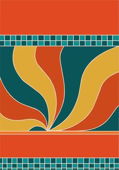 Vibrant retro abstract background with flowing orange, yellow, and teal wave-like shapes radiating from the center, framed by red blocks and teal square tile patterns. vector