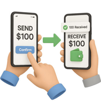 3D illustration of two smartphones showing money transfer between users with send and receive confirmation, representing fintech and e-wallet services. png