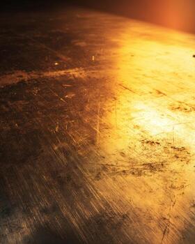 Metallic surface reflecting warm light in dim setting photo