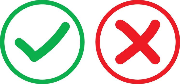 mano dibujado cheque marca y cruzar marca icono colocar. si No signo. aprobar y rechazar símbolo, verde garrapata y rojo X firmar vector