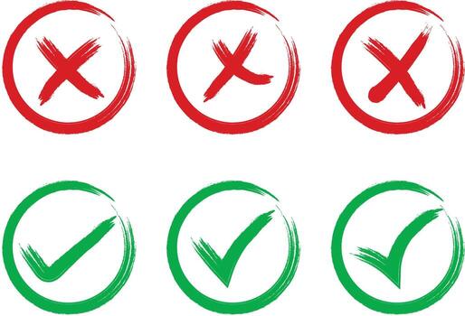 hand drawn check mark and cross mark icon set. Yes no sign. Approve and reject symbol. Green Tick and Red X Sign. vector