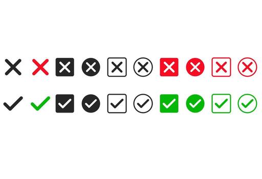 check mark and cross mark icon set. Yes, no sign. Approve and reject symbols. Green Tick and Red X Signs vector