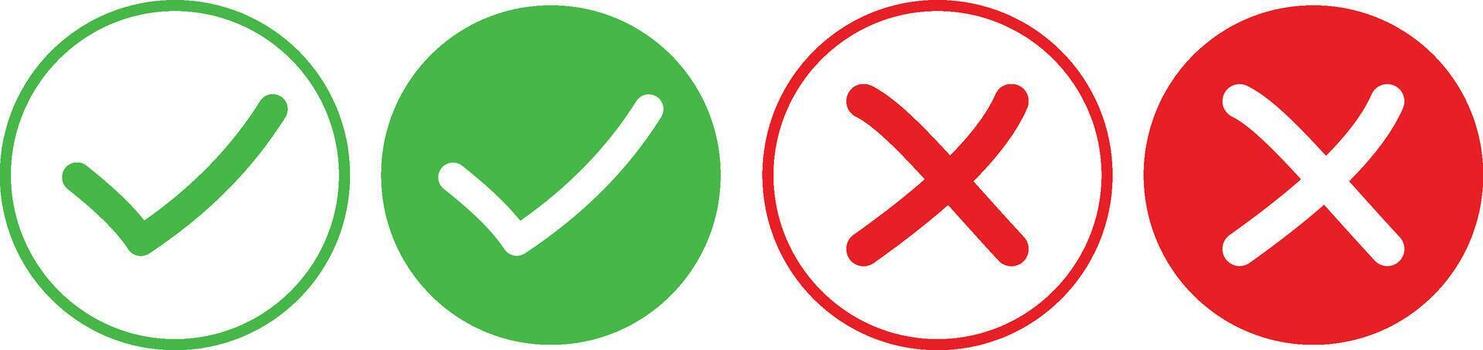 hand drawn check mark and cross mark icon set. Yes no sign. Approve and reject symbol. Green Tick and Red X Signs vector