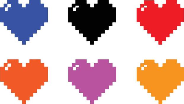 Pixelated Heart Icons In Multiple Colors On White Background retro 8-bit vector
