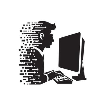 A silhouette of a man working on a computer vector