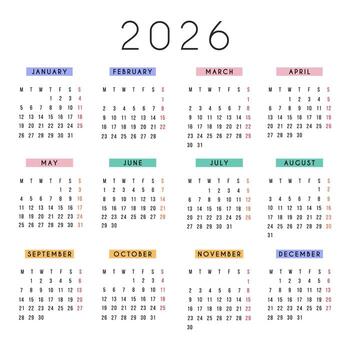 2026 anual calendario en moderno cuadrado diseño con vistoso mes encabezados mínimo tipografía, limpiar diseño, imprimible lleno año planificador modelo para oficina, escuela, personal organización. . vector