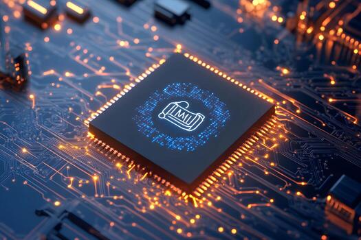 Data Storage Icon on Computer Microchip Circuit Board photo