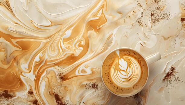 artístico café latté en un blanco jarra en arremolinado mármol antecedentes con crema y cacao patrones foto