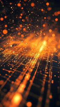 Abstract Digital Visualization of Glowing Particles in an Orange and Black Gradient Background photo