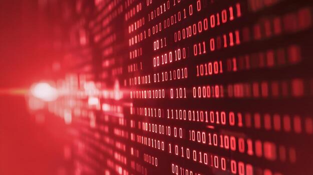 Dynamic Visual of Red Binary Code Representing Data Transmission in a Digital Realm photo