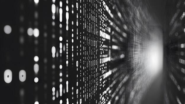 Abstract Digital Data Flow in Monochrome Design with Glowing Light Effects and Patterns photo