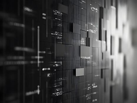 Futuristic Data Visualization Wall with Abstract Design and Monochromatic Elements photo