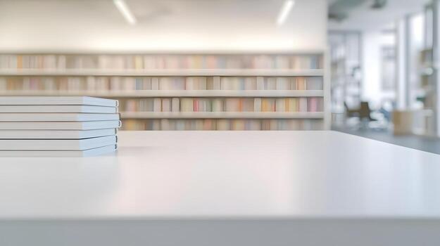Stack of White Books on White Table in Library Setting photo