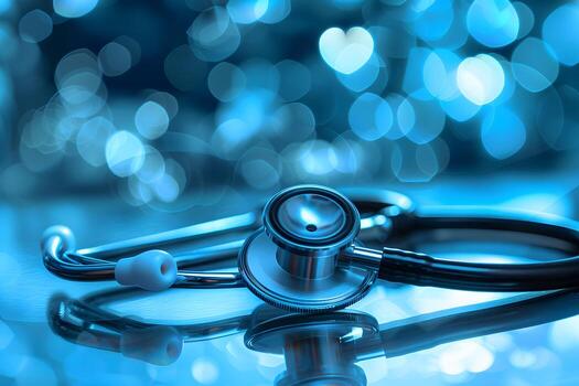 Stethoscope on Reflective Surface with Blue Bokeh Background photo
