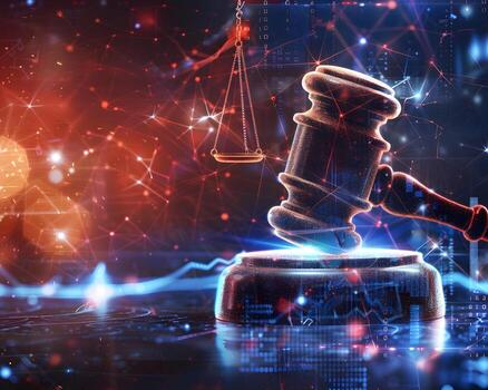Digital Gavel and Scales of Justice with Data Visualization photo