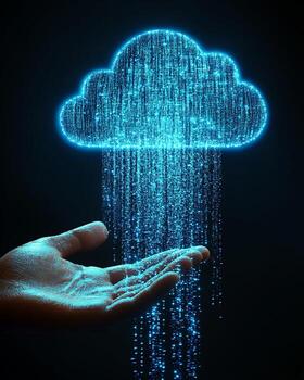 Digital Data Cloud and Hand Receiving Data Stream photo