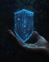 Digital Shield in Hand, Rain Background photo