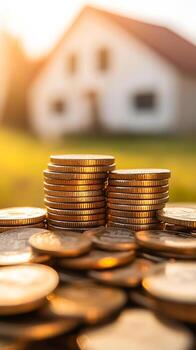 Gold Coins Stacked Before House Background photo