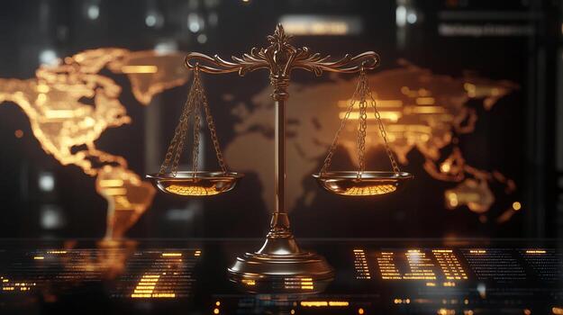 Golden Scale of Justice with World Map and Data Stream Background photo