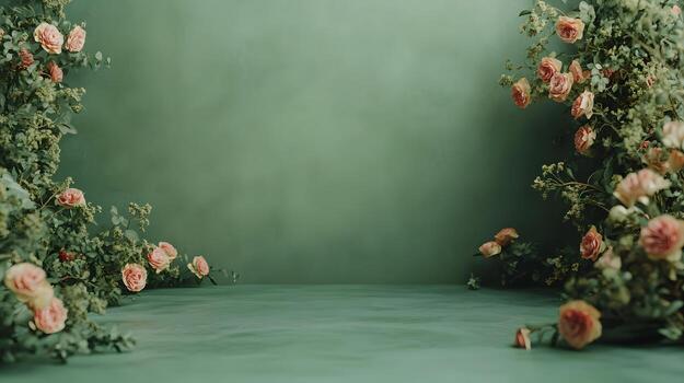 Pink Roses and Eucalyptus Arranged Symmetrically on Green Background with Empty Surface photo