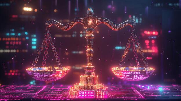 Digital Scale of Justice with Binary Code photo