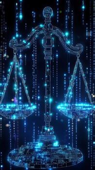 Digital Scales of Justice with Binary Code Background photo