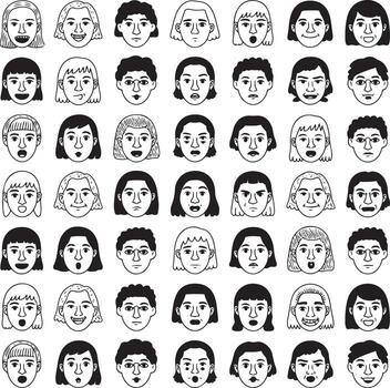 Faces Pattern of Diverse Emotional Expressions with Monochromatic Line Drawings vector