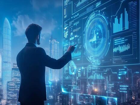 Businessman Interacting with Interactive Data Visualization Display photo