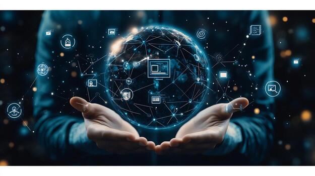 Digital Globe and Network Data Icons in Hands photo