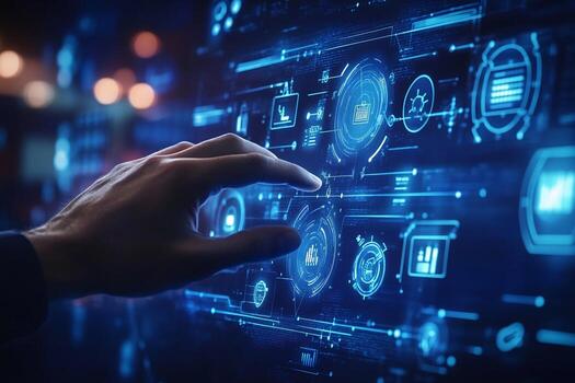 Hand Interacting with Digital Interface Displaying Data Analytics photo